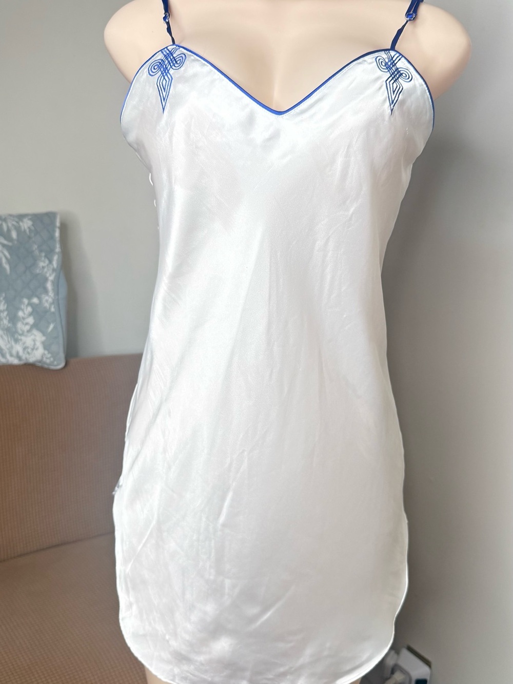 White Satin Slip with Blue Trim and Embroidered Detail - Women's Chemise